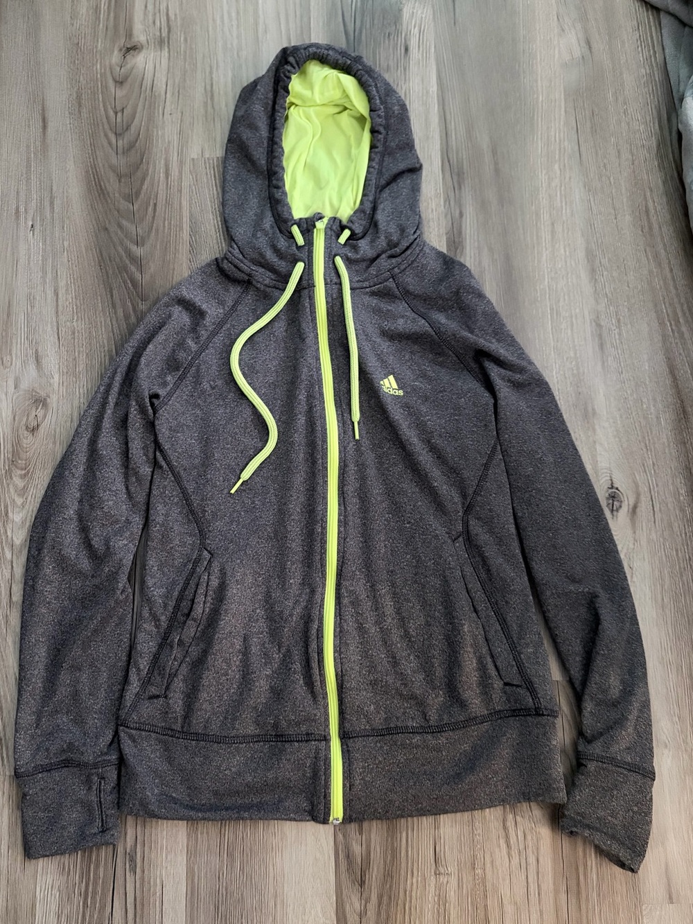 adidas Dark Gray Full-Zip Hoodie with Neon Lime Trim